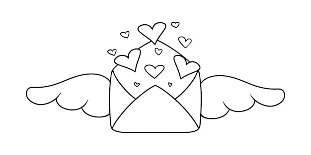 Sobre cerrado romántico hermoso monocromo con alas y corazones en vector de estilo de dibujos animados