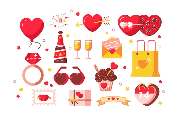 Sobre el conjunto de amor ilustración vectorial Corazones presentan caja de chocolate con lazos de cinta y símbolos de anillo de diamantes de febrero vacaciones románticas o diseño de estilo plano de boda Concepto de San Valentín