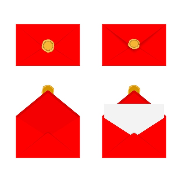 Vector sobre conjunto vectorial de sobres rojos en diferentes posiciones maqueta de sobre doblada y desplegada aislada en un fondo blanco sobre rojo con tarjeta en blanco ilustración vectorial