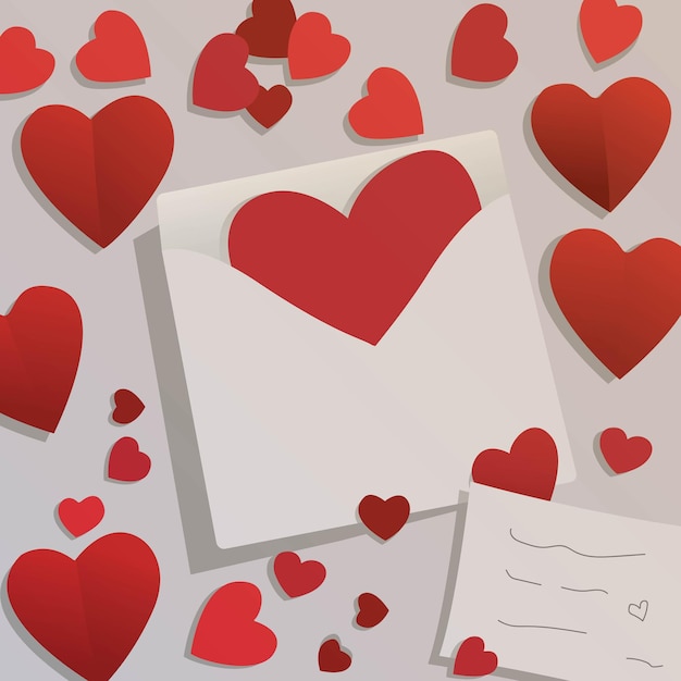 Un sobre contiene un corazón rojo hay más rojos a su alrededor