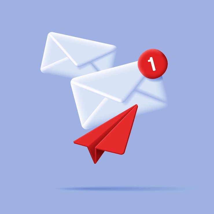 Vector sobre de correo 3d y avión de papel y mensaje de notificación círculo rojo composición de procesamiento 3d