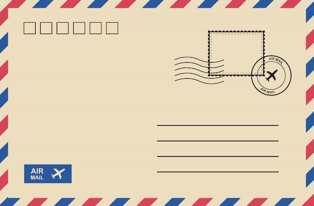 Vector sobre de correo aéreo vintage con estampilla, tarjeta postal.