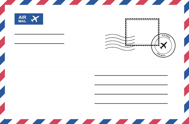 Vector sobre de correo aéreo vintage con estampilla, tarjeta postal.