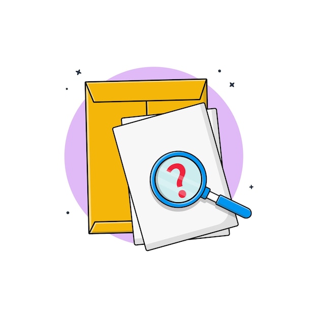 Sobre con documentos de investigación y una ilustración vectorial de lupa para la investigación