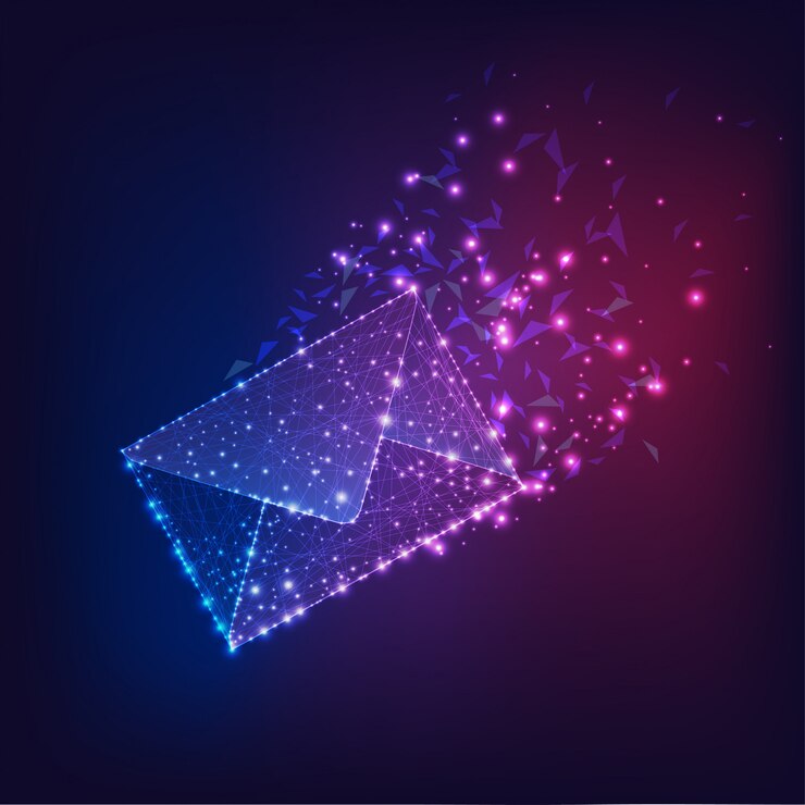 Vector sobre electrónico de vuelo futurista, correo electrónico en azul oscuro degradado a púrpura.