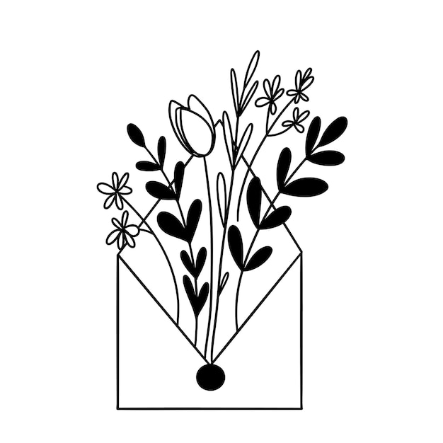 Sobre con flores y hojas dibujo lineal Naturaleza Arte lineal vector Ilustración botánica Tarjeta de felicitación