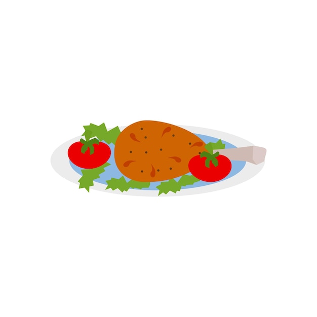 Vector sobre un fondo blanco, los muslos de pollo fritos calientes con guarnición de verduras y tomate se colocan en un plato