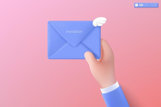 Vector sobre de mano e invitación con símbolo de icono de ala angular dando amor mensaje de correo electrónico enamorado madre y día de san valentín saludos concepto 3d vector aislado ilustración dibujos animados pastel estilo minimalista