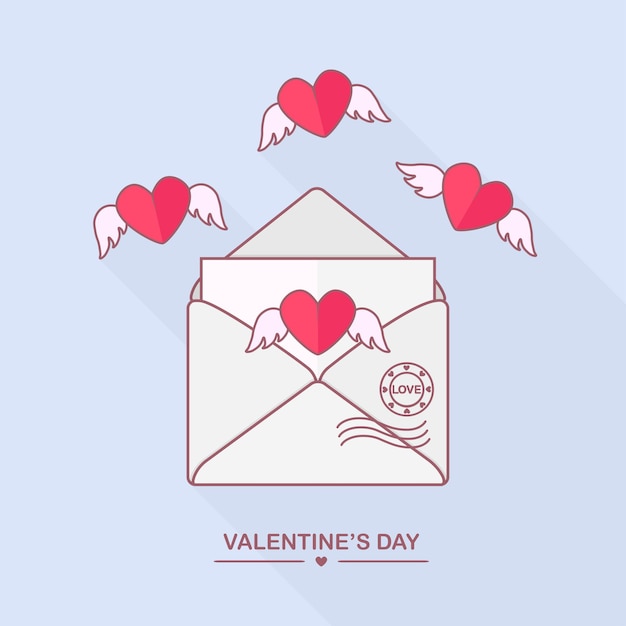 Sobre con mensaje de amor, carta abierta con corazones voladores. Feliz día de San Valentín