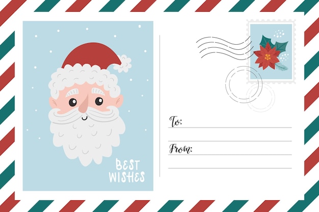 Vector sobre de navidad con papá noel carácter divertido lugar para texto y sello de correo listo para imprimir