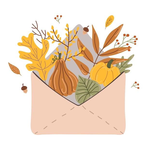 Vector sobre de otoño con ramitas y calabazas aisladas en un fondo blanco dibujo a mano ilustración vectorial