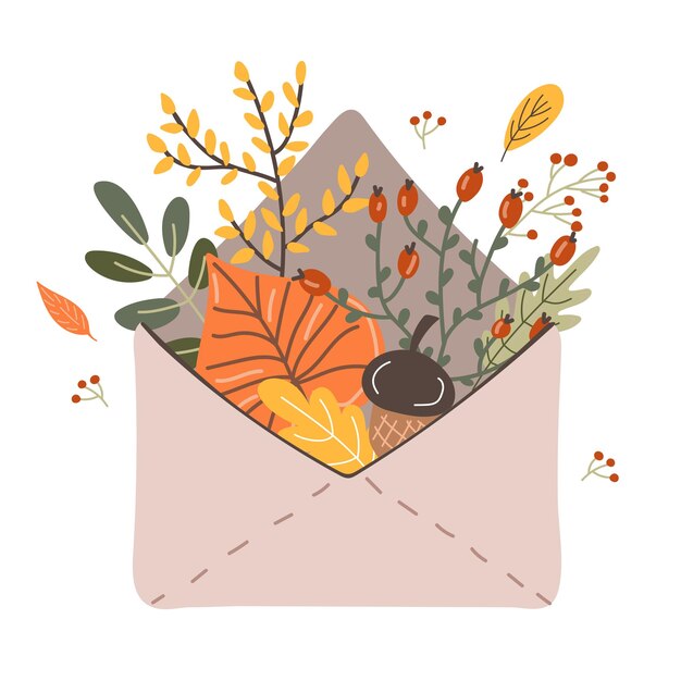 Vector sobre de otoño con ramitas y hojas aisladas sobre un fondo blanco dibujo a mano ilustración vectorial