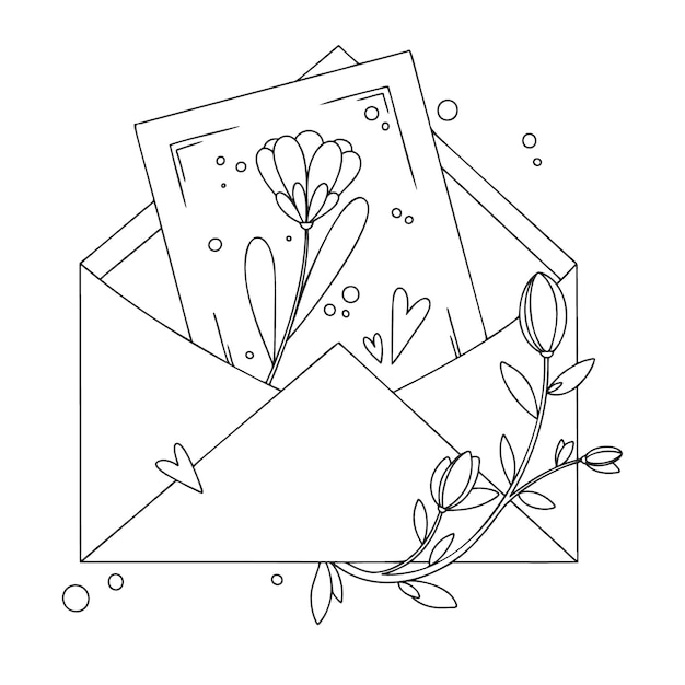 Sobre con postal, flores y corazones. Paquete de vacaciones. ilustración en estilo boceto.