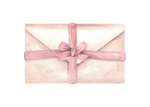 Sobre postal rosa cerrado atado con cinta textil ilustración de acuarela carta vintage lista para enviar elemento para tarjetas de invitación de felicitación para el Día de San Valentín