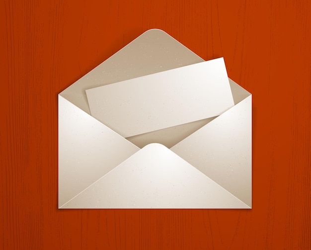 Sobre postal con tarjeta en blanco sobre fondo de madera papel vectorial realista ilustración elemento de diseño gráfico mensaje correo de saludo