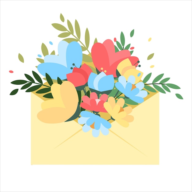 sobre con un ramo de flores brillantes. Carta romántica. ilustración vectorial