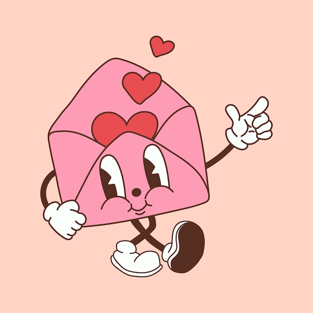 Un sobre rosa de estilo retro de dibujos animados con un corazón diseñado como un personaje de la mascota del Día de San Valentín
