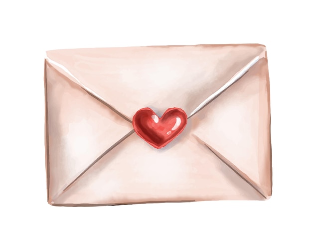 Sobre de San Valentín con corazón Ilustración vectorial en acuarela