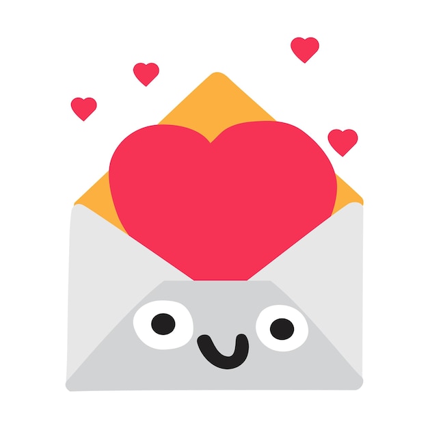 Sobre sonriente con tarjeta de San Valentín Icono plano Ilustración vectorial dibujada a mano sobre fondo blanco