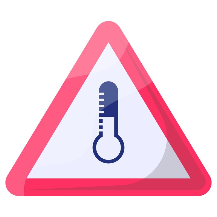 Vector sobrecalentamiento del concepto de triángulo rojo, diseño de iconos de vectores de advertencia de alta temperatura, guía de tráfico moderna