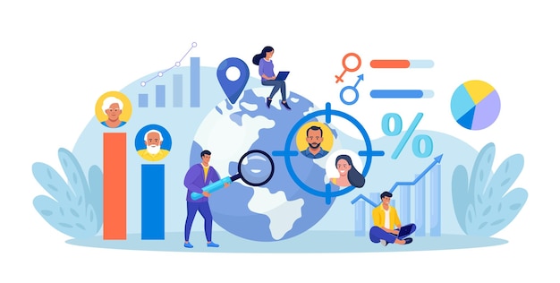 Vector sobrepoblación crecimiento de la densidad de la multitud humana en la tierra datos de estadísticas demográficas para personas mayores sociología demografía migración científico que estudia el crecimiento de la población analiza los datos demográficos