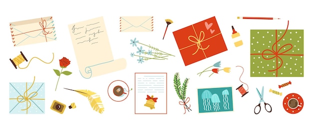 Sobres de correo y postales conjunto ilustración vectorial plana aislado en blanco