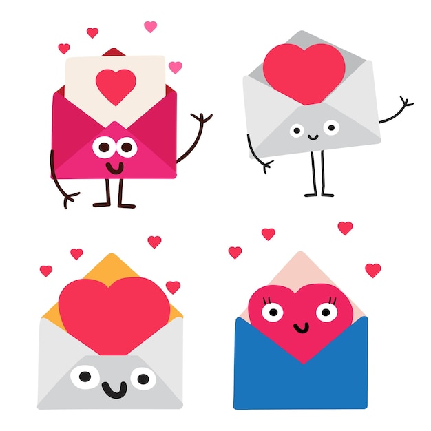 Los sobres lindos están agitando y enviando corazones tarjetas de San Valentín diseño plano ilustraciones