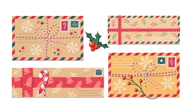Los sobres de Navidad cuentan con decoraciones festivas que incluyen hojas de acebo y bayas, copos de nieve y caramelos.