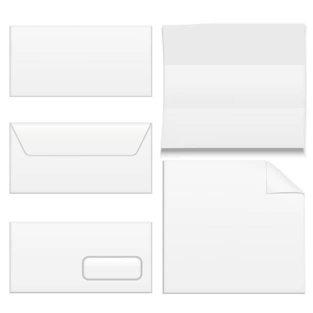 Sobres de papel blanco en blanco de plantilla realista para documento de office, carta o espacio para mensajes. ilustración vectorial
