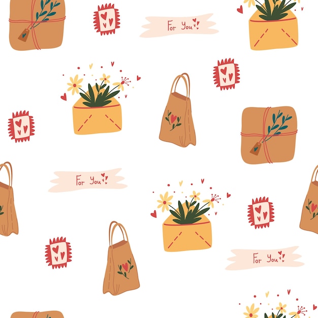 Sobres con patrón de correo Paquete romántico con cartas, regalos y flores Para imprimir postales, textiles y álbumes de recortes Ilustración de dibujo a mano vectorial