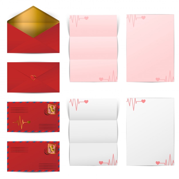 Sobres rojos y plantilla de papeles de carta en blanco para el día de San Valentín, ilustración vectorial