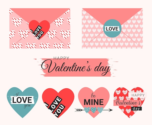 Sobres de San Valentín con corazones y texto en estilo plano