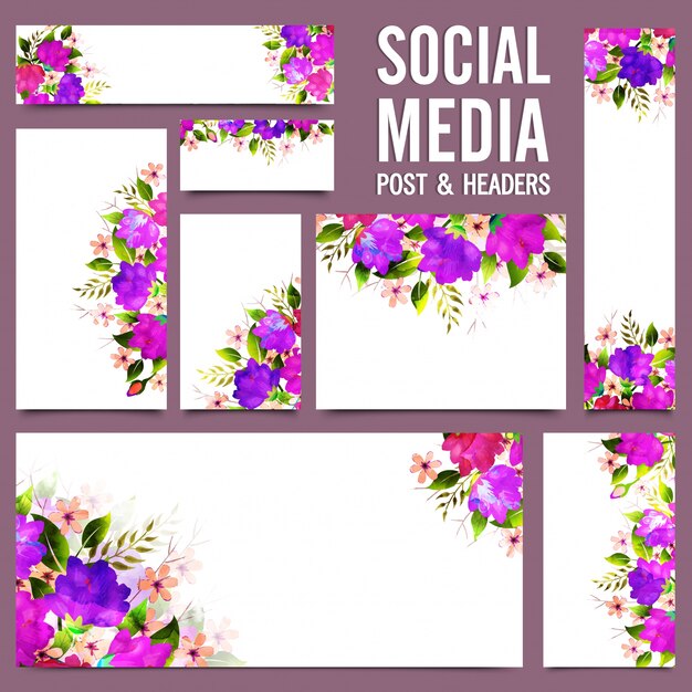 Social media post y encabezados con flores púrpuras.