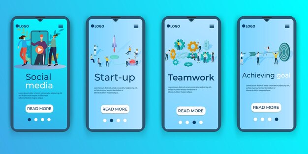 Social media startup trabajo en equipo selección de objetivosun conjunto de interfaces ui ux para pantallas de teléfonos inteligentes