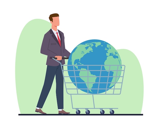 La sociedad de consumo empresario está conduciendo el planeta Tierra en el carrito de compras comercio mundial oportunidad de negocio mercado global comercio electrónico minorista internacional dibujos animados ilustración vectorial plano