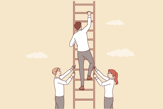 Los socios apoyan al hombre de negocios que sube la escalera de la carrera y se esfuerza por lograr el éxito