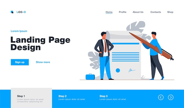 Socios comerciales que firman el documento. Pequeños personajes con bolígrafo, papel con firma y sello plano ilustración. Papeleo, diseño de sitio web de concepto de cooperación o página web de destino