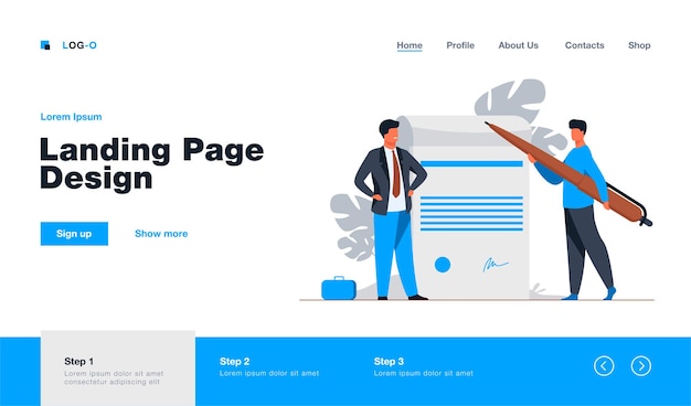 Socios comerciales que firman el documento. pequeños personajes con bolígrafo, papel con firma y sello plano ilustración. papeleo, diseño de sitio web de concepto de cooperación o página web de destino