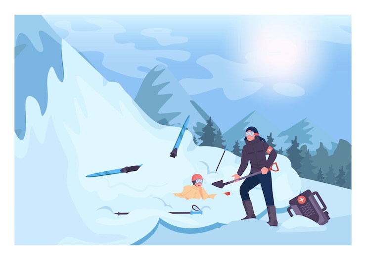 Vector socorrista de la estación de esquí. funcionamiento de búsqueda de personas. salvavidas sacando a una persona de una avalancha. esquiador enterrado en la nieve. ilustración vectorial plana