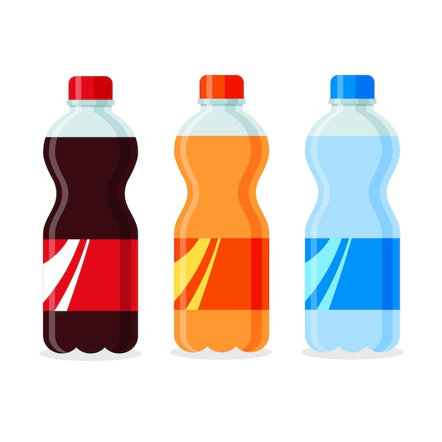 Soda en botellas de plástico o vidrio. bebidas carbonatadas sin alcohol de diferentes sabores.