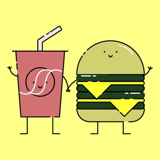 Soda dibujada a mano con paja y hamburguesa de queso doble ilustración plana al estilo de dibujos animados