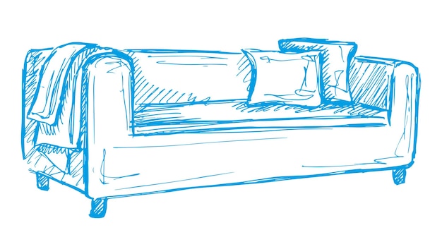 Sofá con almohadas aisladas sobre fondo blanco Ilustración vectorial en un estilo de dibujo