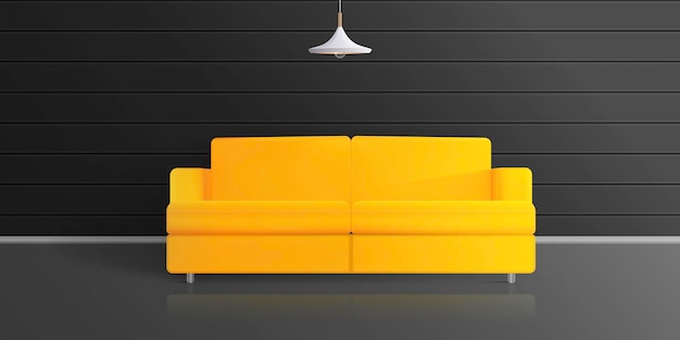 Vector sofá amarillo con una habitación oscura. habitación loft con estilo de vector realista.