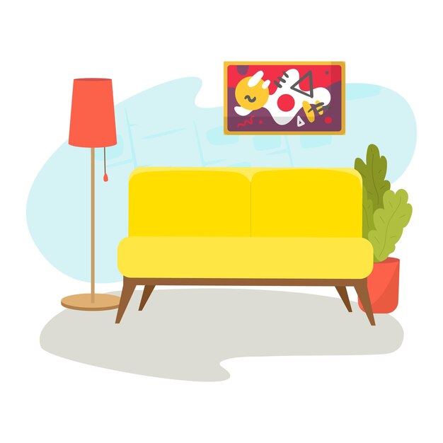 Sofá amarillo con lámpara roja y planta en la habitación, sala de estar moderna, diseño de interiores, comodidad en el hogar y