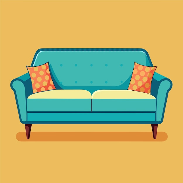 un sofá azul con almohadas y un fondo amarillo