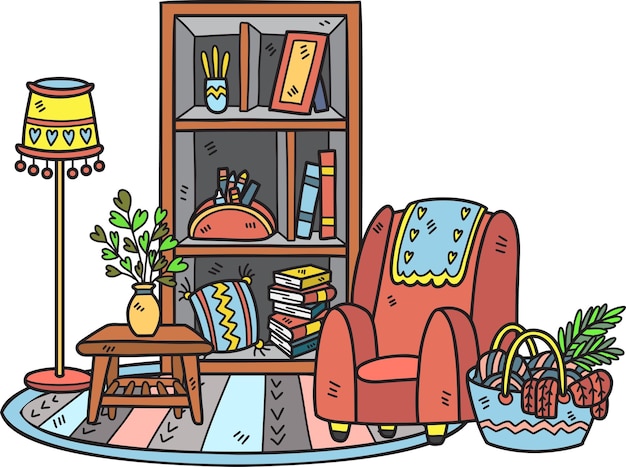 Sofá dibujado a mano y estantes ilustración de la habitación interior
