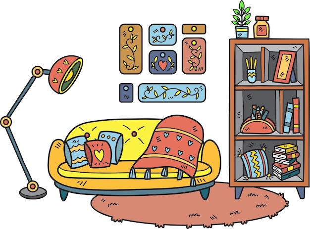 Sofá dibujado a mano con lámparas y estantes en la ilustración de la habitación interior de la alfombra
