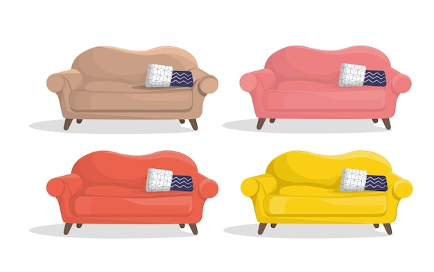 Un sofá de diferentes colores, un conjunto de cuatro muebles sobre un fondo blanco.