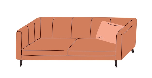 Sofá de diseño de mediados de siglo. Sofá de estilo retro de moda, asientos de amor con cojín. Muebles suaves y acogedores sobre una base de madera para el interior de la sala de estar. Ilustración de vector plano coloreado aislado sobre fondo blanco