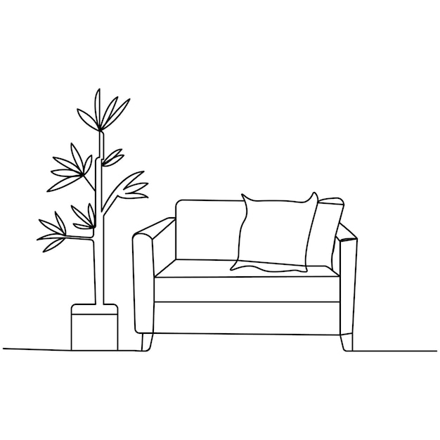 Sofa con lámpara y icono de planta en maceta dibujo continuo de una línea ilustración vectorial de contorno
